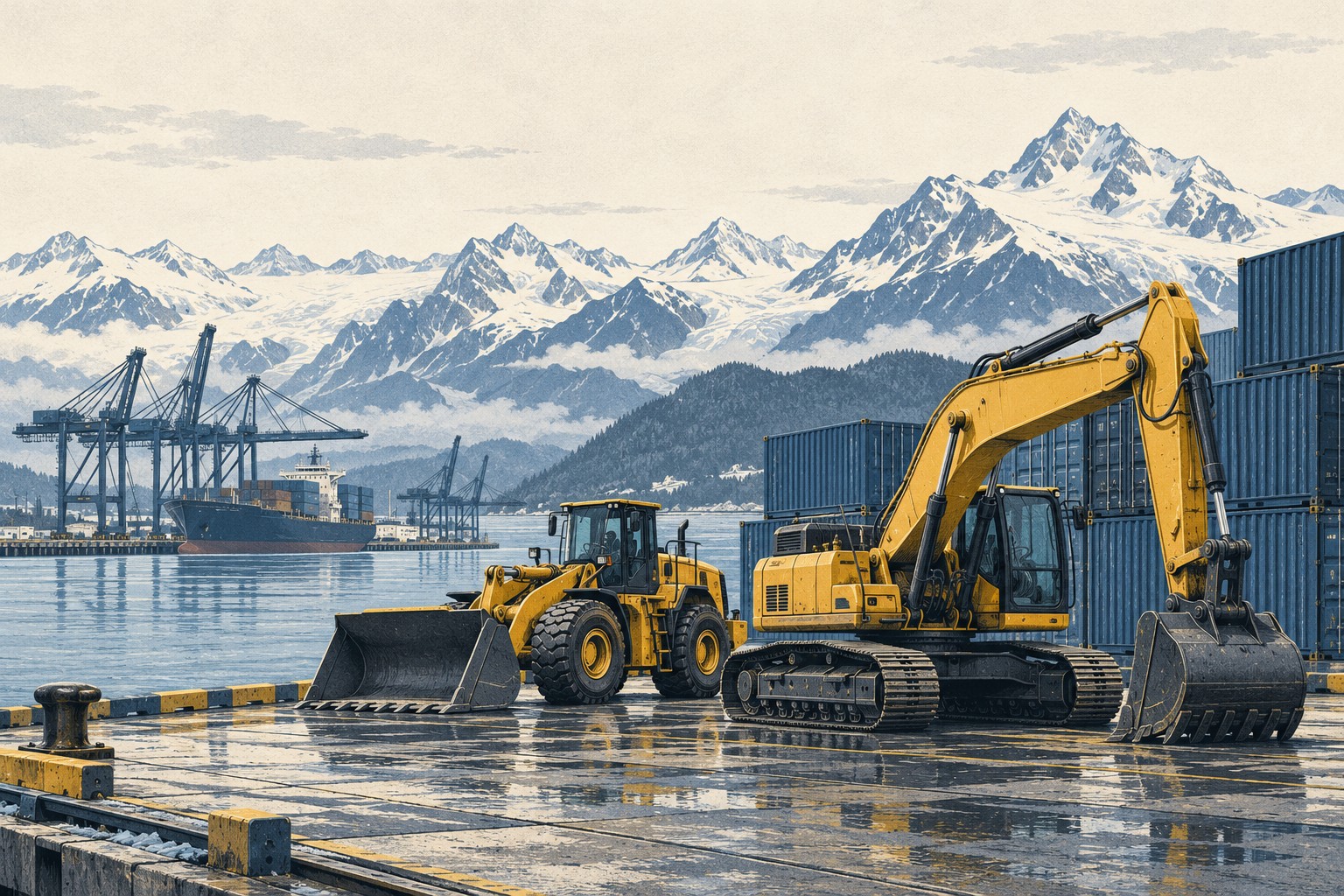Illustration of construction equipment and shipping containers at a port, backed by snowy Alaskan mountains